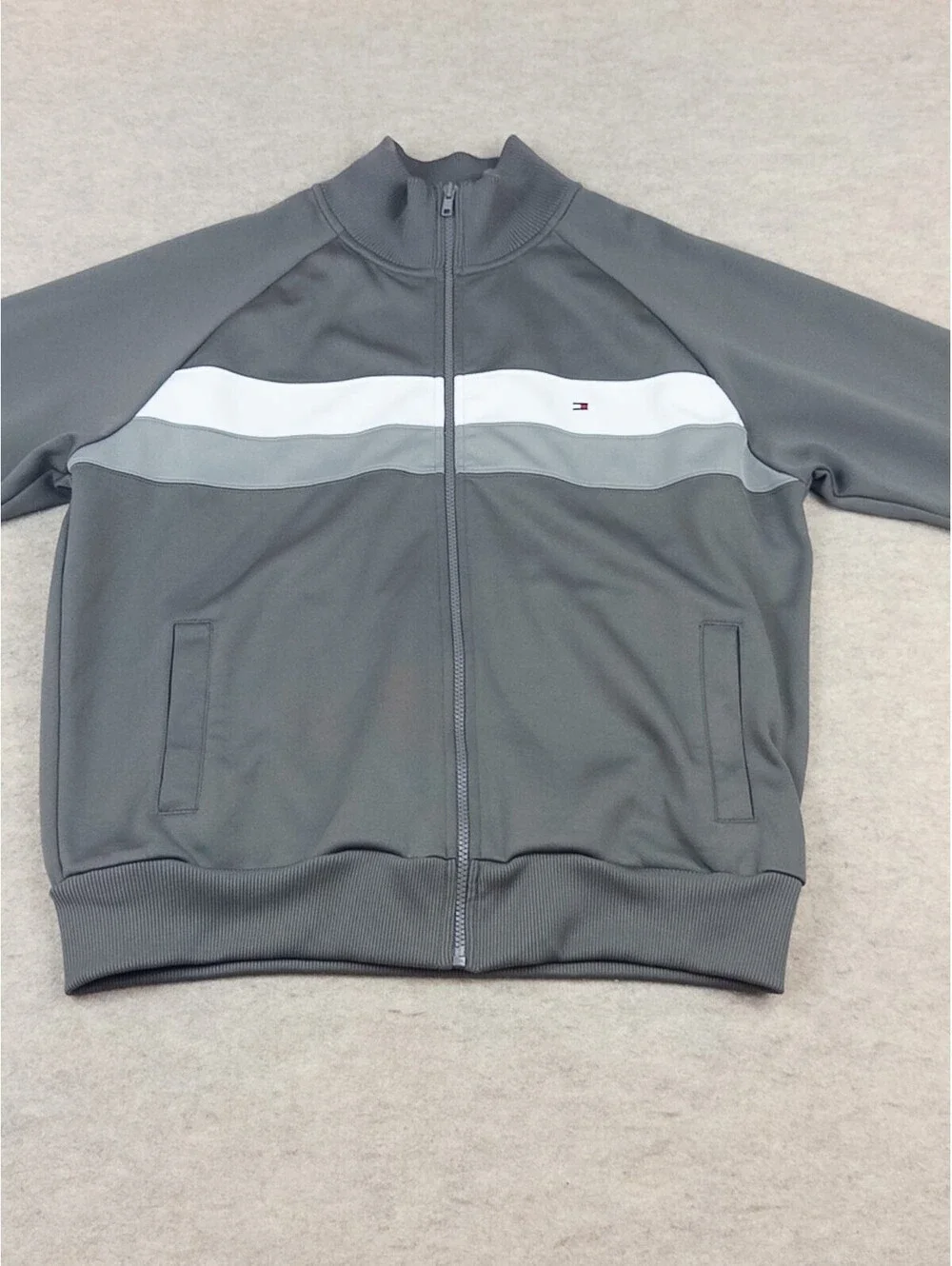 Tommy Hilfiger Men's Gray Track Jacket with White and Gray Stripes, Size Small